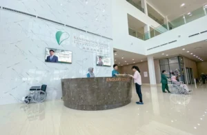 Receptionist in the lobby of the hospital