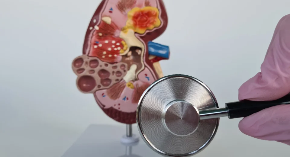 A stethoscope held by a gloved hand examining a detailed anatomical model of a kidney, symbolising the importance of early detection, diagnosis, and treatment for chronic kidney disease in Singapore.